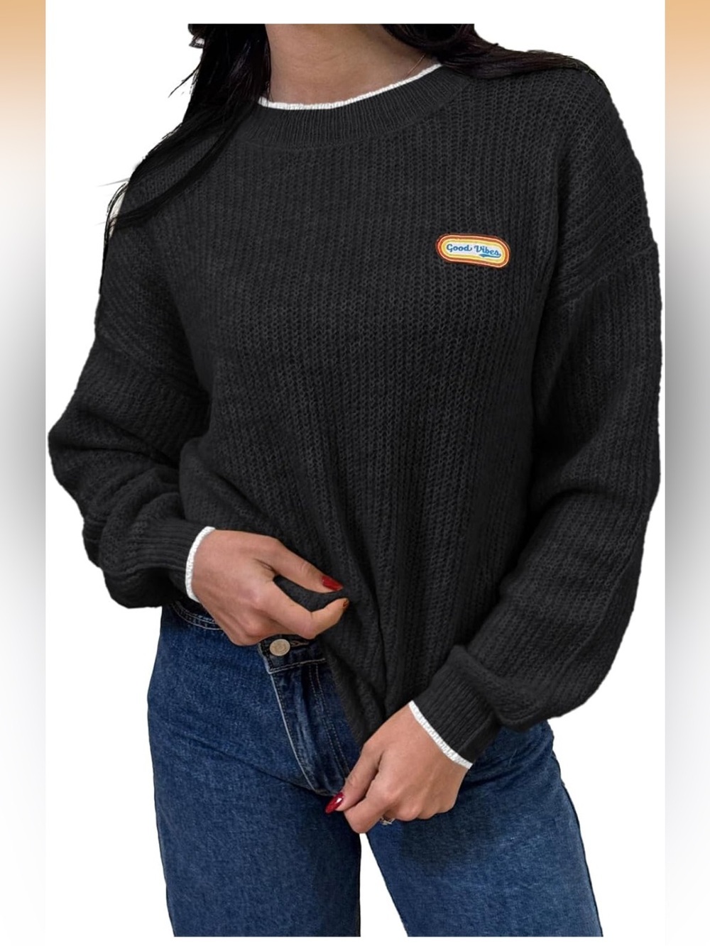 NEW Crew Neck Long Sleeve Knit Contrast Piping Stripe Lightweight Sweater Small
